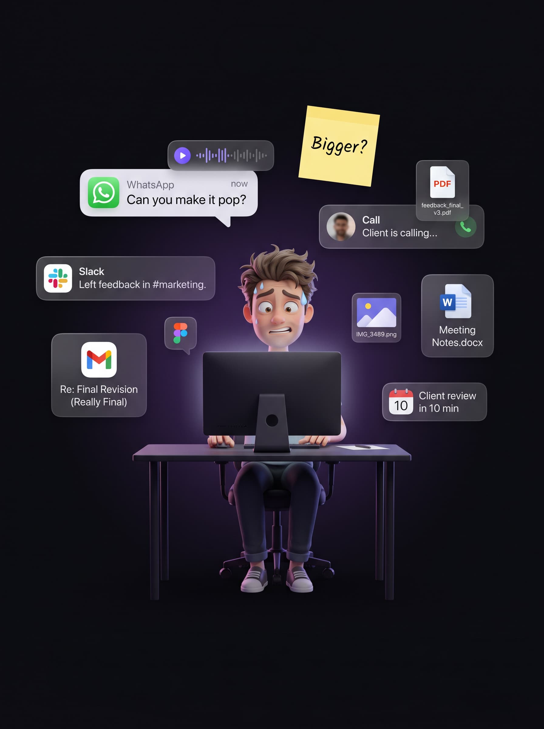 Illustration of a stressed designer overwhelmed by client feedback arriving via WhatsApp, Slack, email, and phone calls all at once