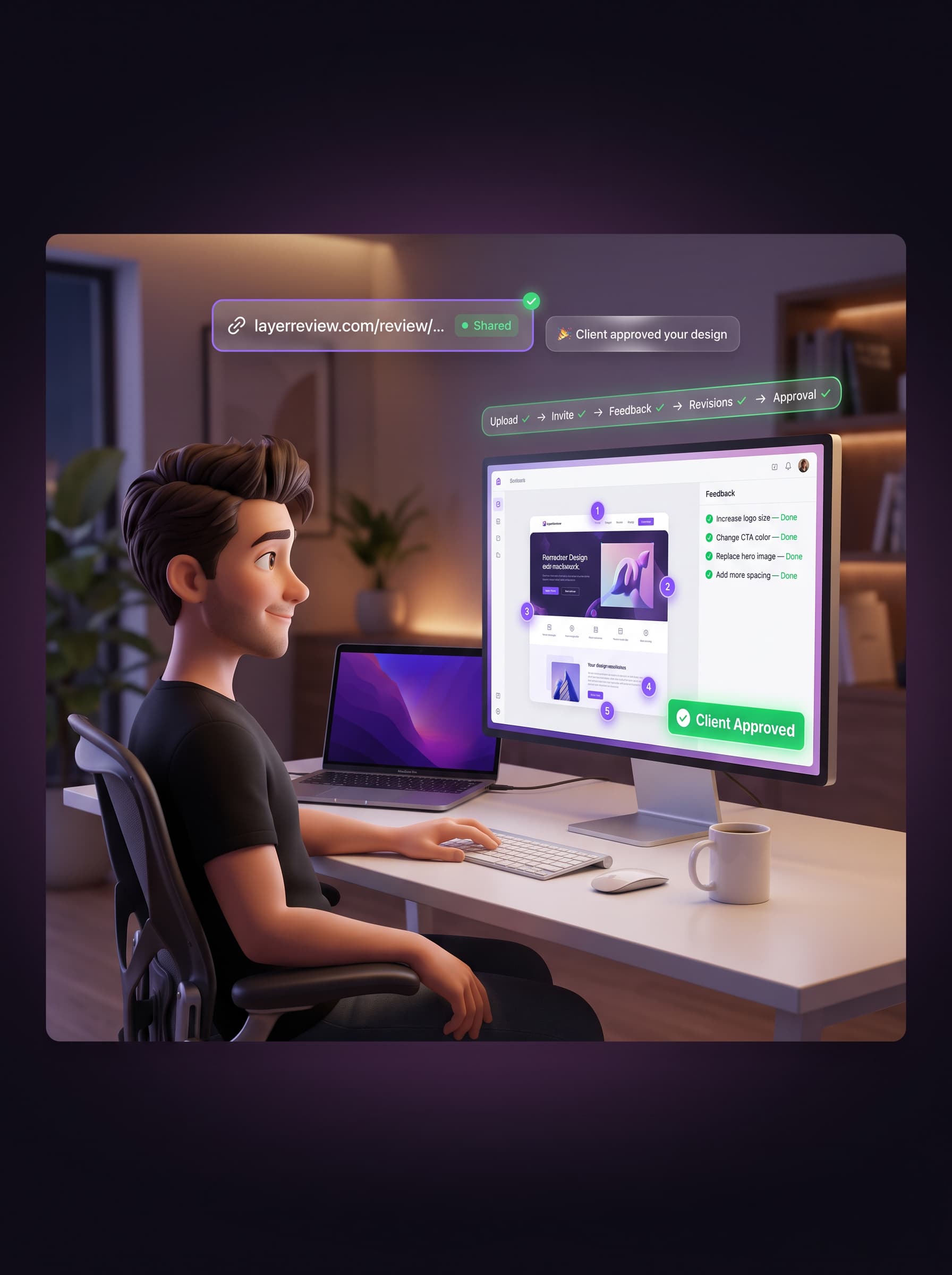 Illustration of a calm designer using LayerReview: a shared review link, a completed feedback pipeline, and a client-approved confirmation on screen